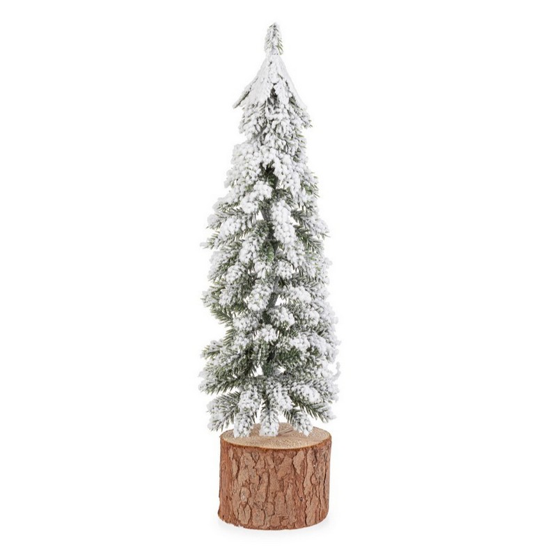 Decoro pino innevato con base in tronco di abete